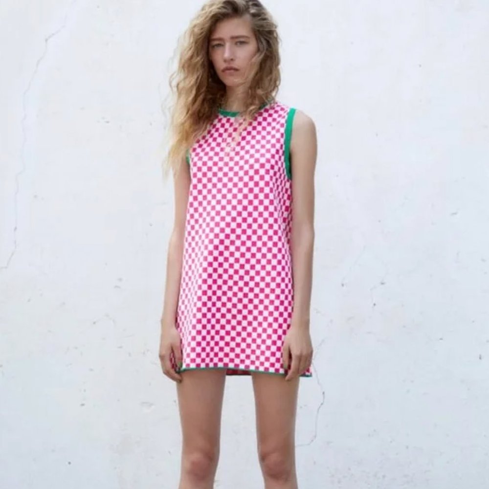 Zara Checkered Knit dress in Pink & Green